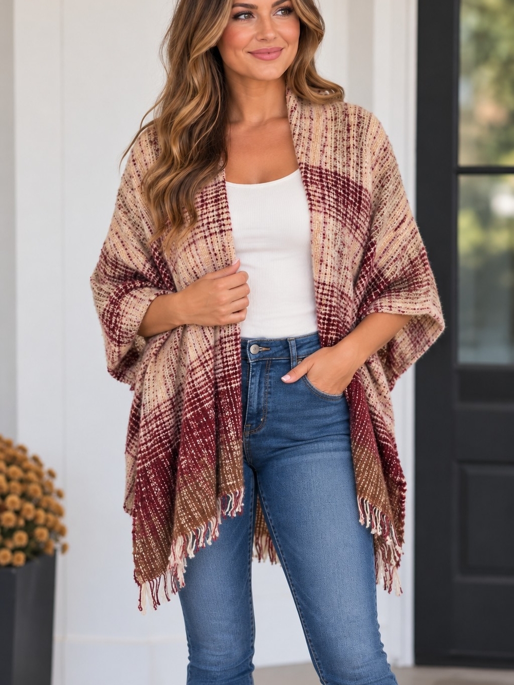 Never Worn Cream & Burgundy Plaid Shawl Cape